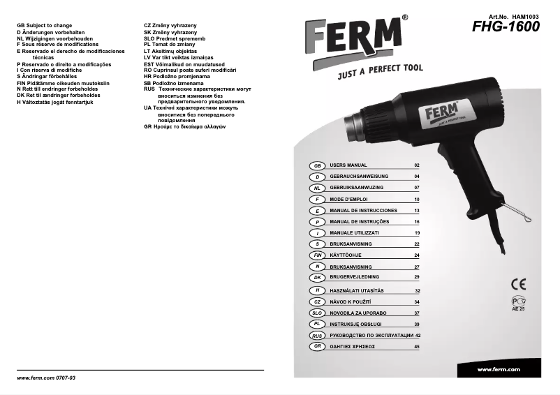Page 1 de la notice Manuel utilisateur Ferm HAM1003
