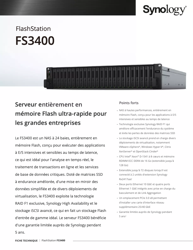 Page 1 de la notice Fiche technique Synology FS3400