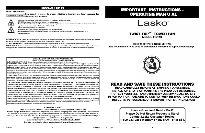 Page 1 de la notice Manuel utilisateur Lasko Twist-Top T12110