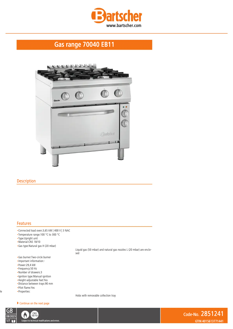 Page 1 de la notice Fiche technique Bartscher 2851241