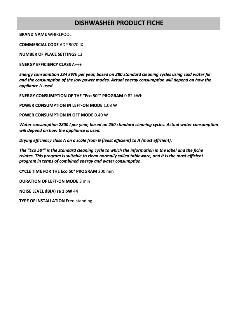 Page 1 de la notice Fiche technique Whirlpool ADP 9070 IX