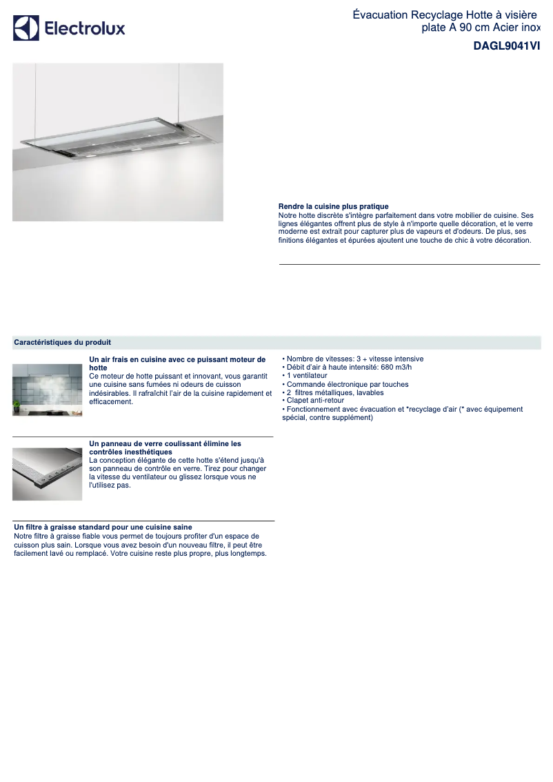 Page 1 de la notice Fiche technique Electrolux DAGL9041VI