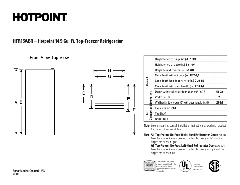 Página 1 del manual Ficha técnica Hotpoint HTR15ABRLCC