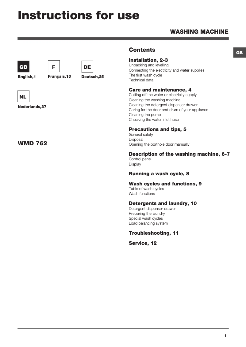 Page n°1 - Manuel utilisateur Hotpoint Ariston WMD 762 SK