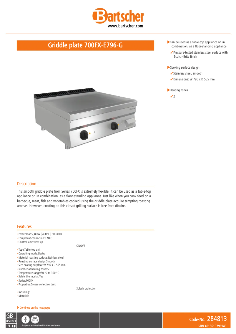 Page 1 de la notice Fiche technique Bartscher 700FX-E796-G