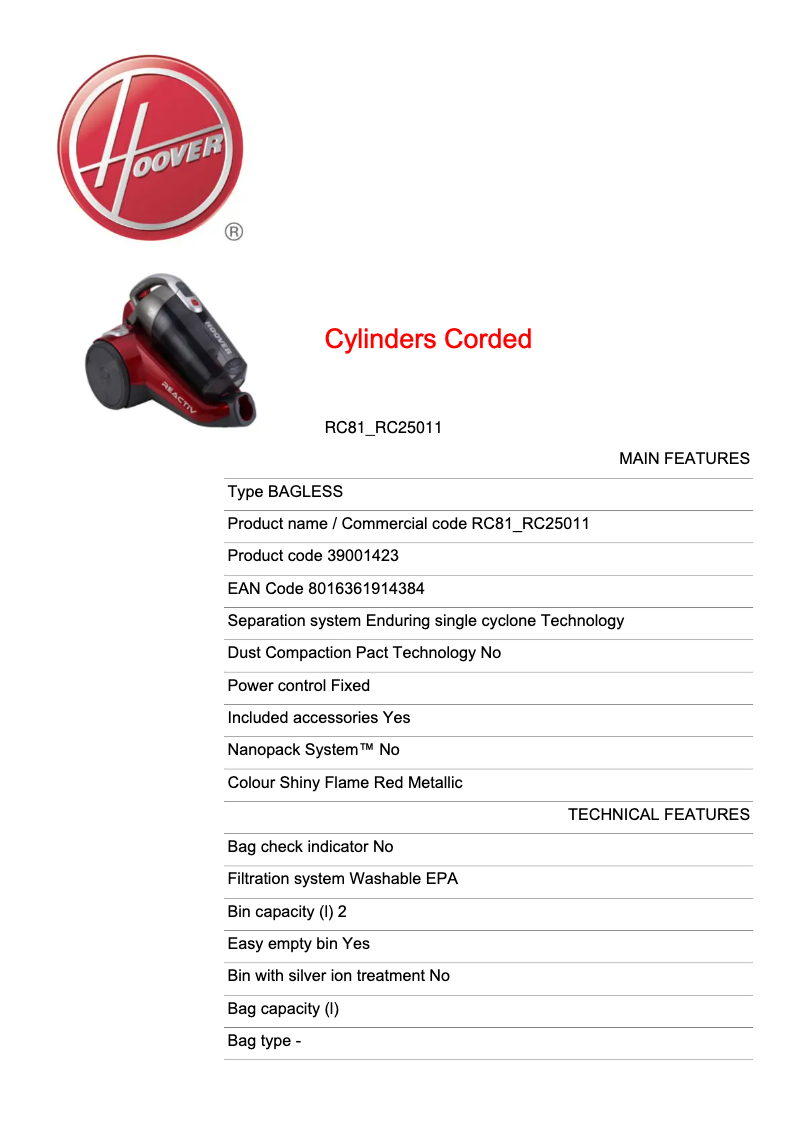 Page 1 de la notice Fiche technique Hoover RC81_RC25011