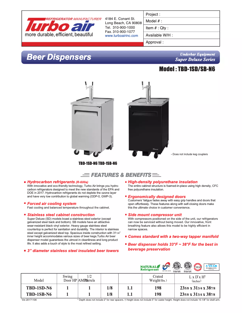 Página 1 del manual Ficha técnica Turbo air TBD-1SD