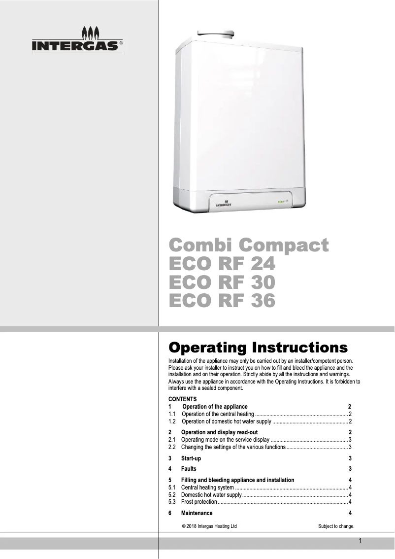 Page 1 of the manual User Manual Intergas Combi Compact ECO RF 30