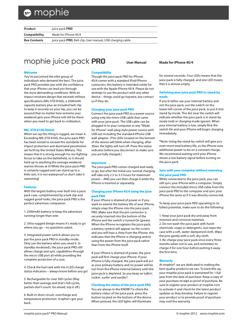 Image de la première page du manuel de l'appareil Juice pack pro for iPhone 4(s)