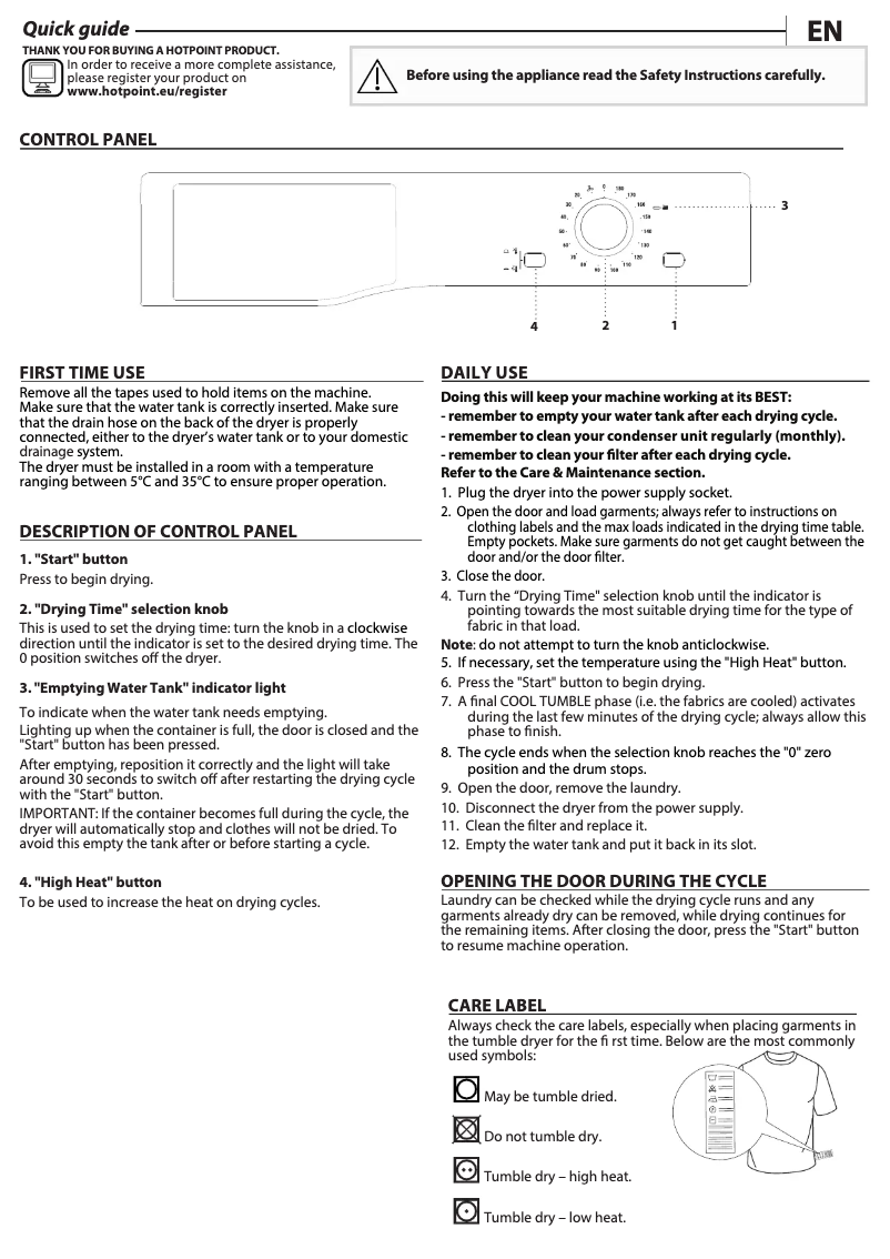 Page 1 de la notice Manuel utilisateur Hotpoint H2D81WUK
