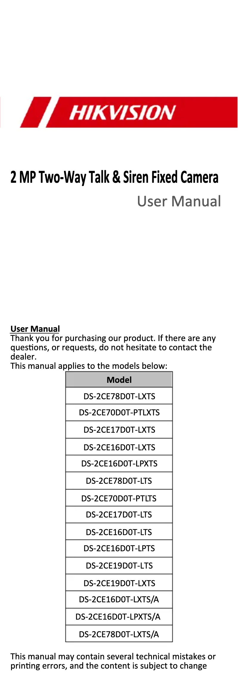 Page 1 de la notice Manuel utilisateur Hikvision DS-2CE70D0T-PTLTS