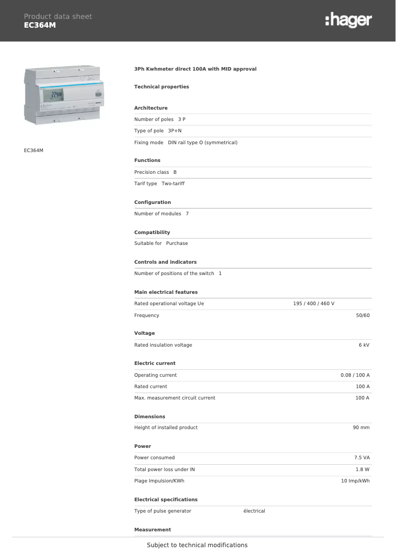 Page n°1 - Fiche technique Hager EC364M
