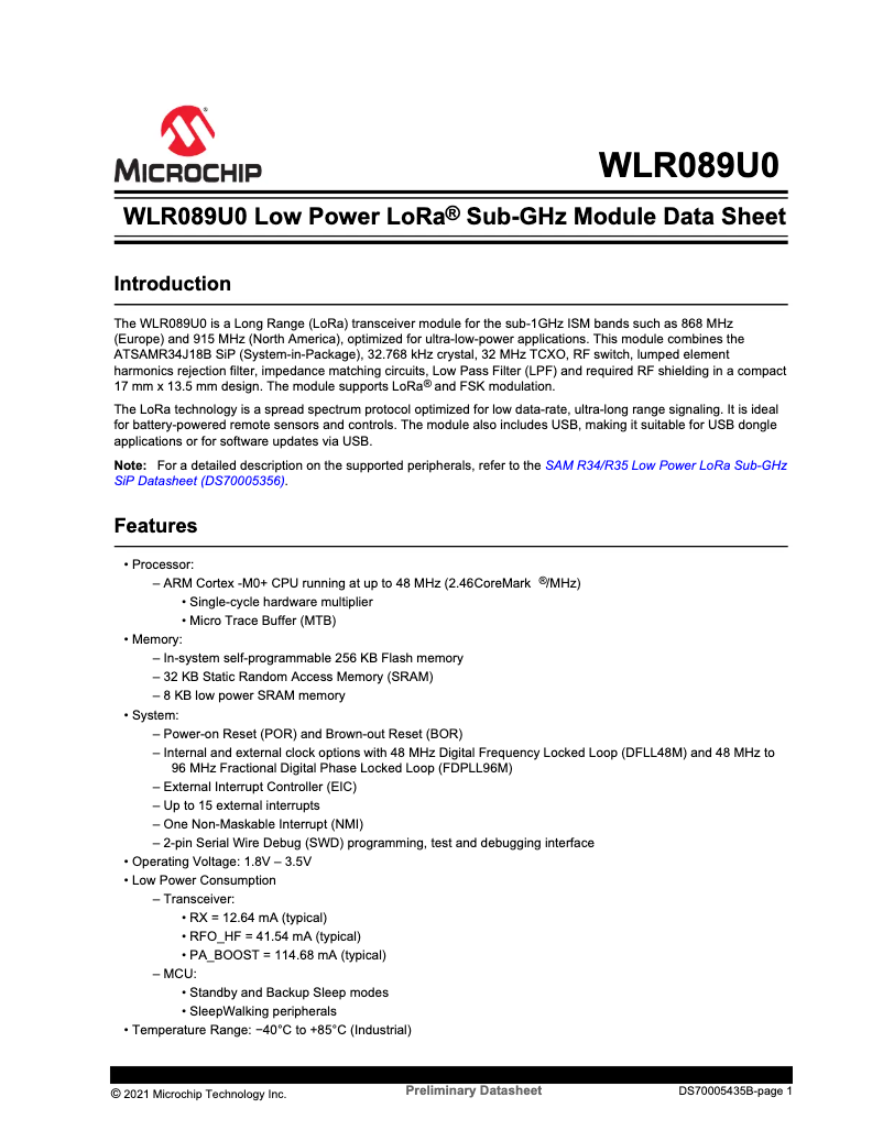 Page 1 de la notice Fiche technique Microchip WLR089U0