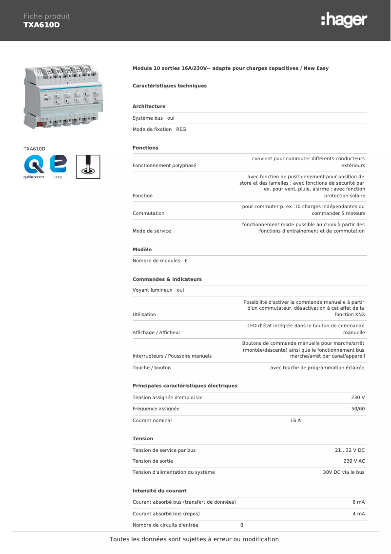 Page 1 de la notice Fiche technique Hager TXA610D