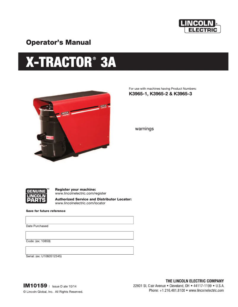 Page 1 de la notice Manuel utilisateur Lincoln Electric X-Tractor 3A