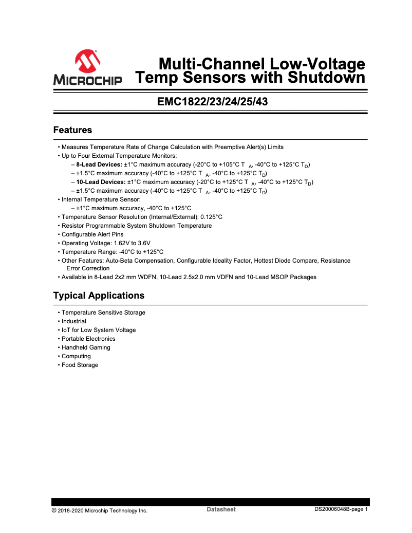 Page 1 de la notice Fiche technique Microchip EMC1824