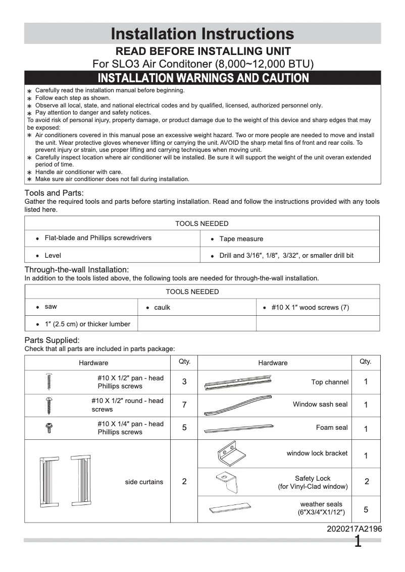 Page 1 de la notice Guide d'installation Frigidaire FRA08EZT1