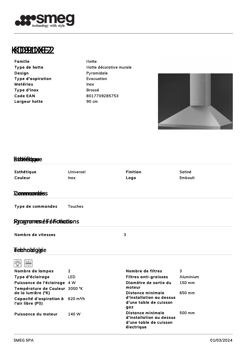 Page n°1 - Fiche technique Smeg KD91XE2