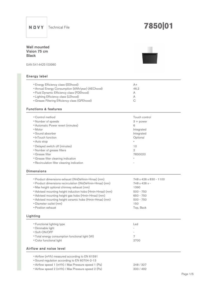 Page n°1 - Fiche technique Novy Vision 7850