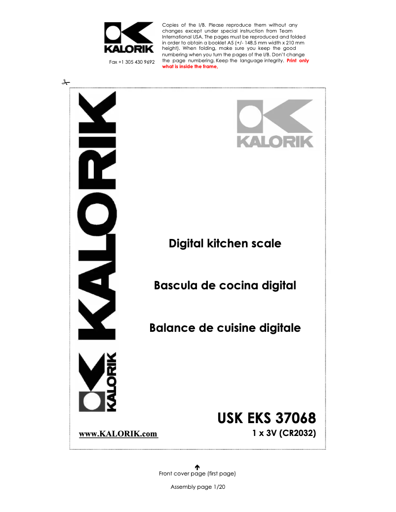 Page 1 de la notice Manuel utilisateur Kalorik EKS 37068