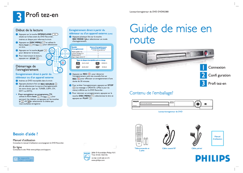 Page 1 de la notice Guide de démarrage rapide Philips DVDR3380