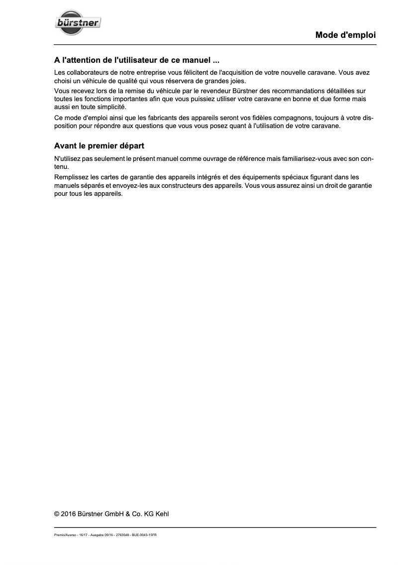 Page 1 de la notice Manuel utilisateur Bürstner Averso Top (2017)