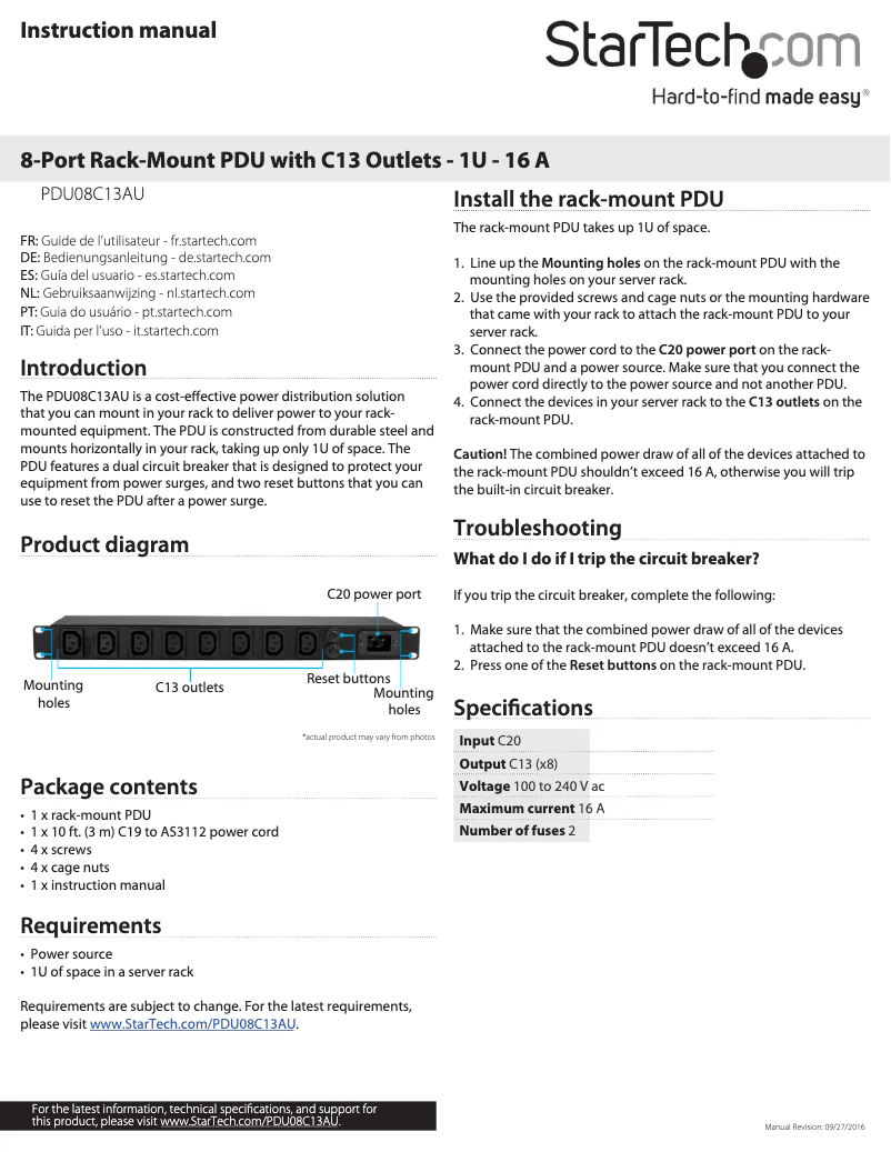 Page n°1 - Manuel utilisateur StarTech.com PDU08C13AU