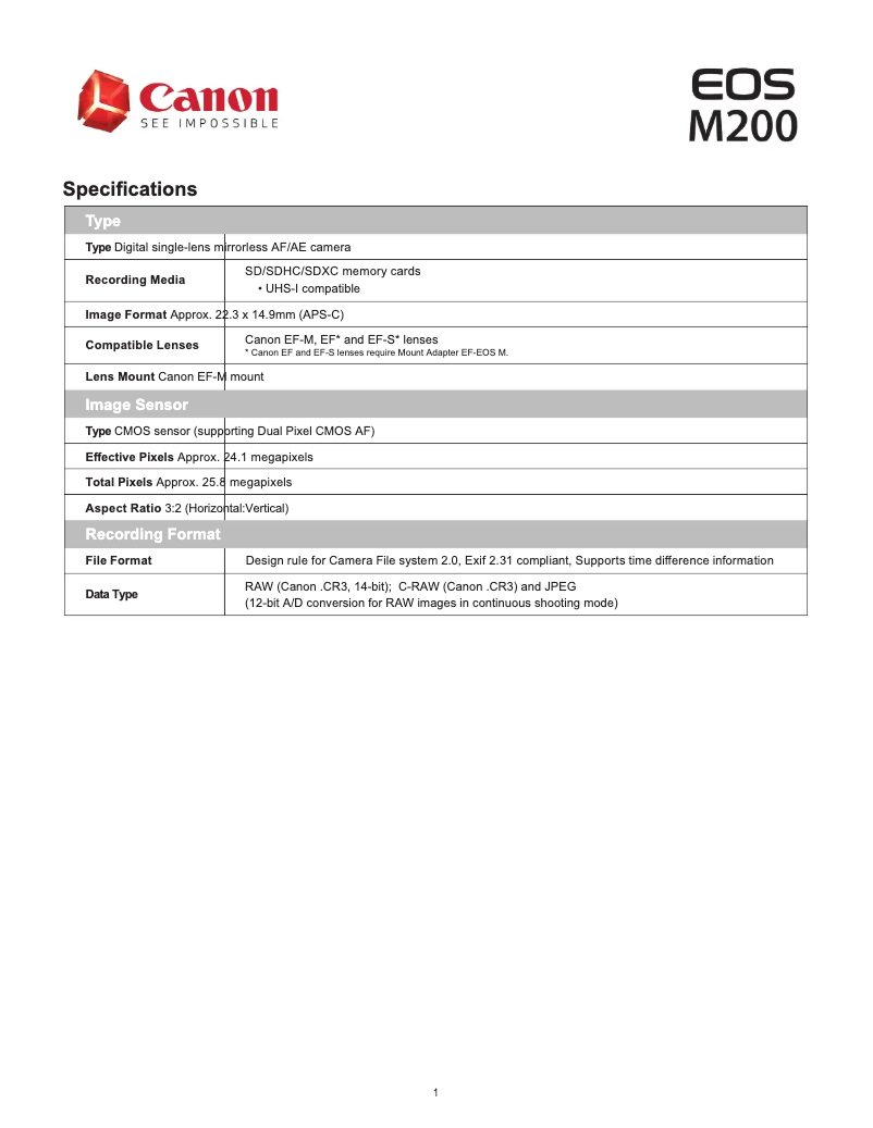 Page n°1 - Fiche technique Canon EOS M200
