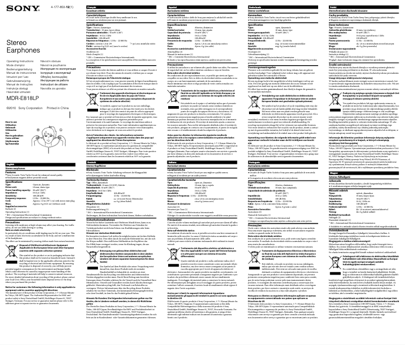 Page n°1 - Manuel utilisateur Sony MDR-E818LP