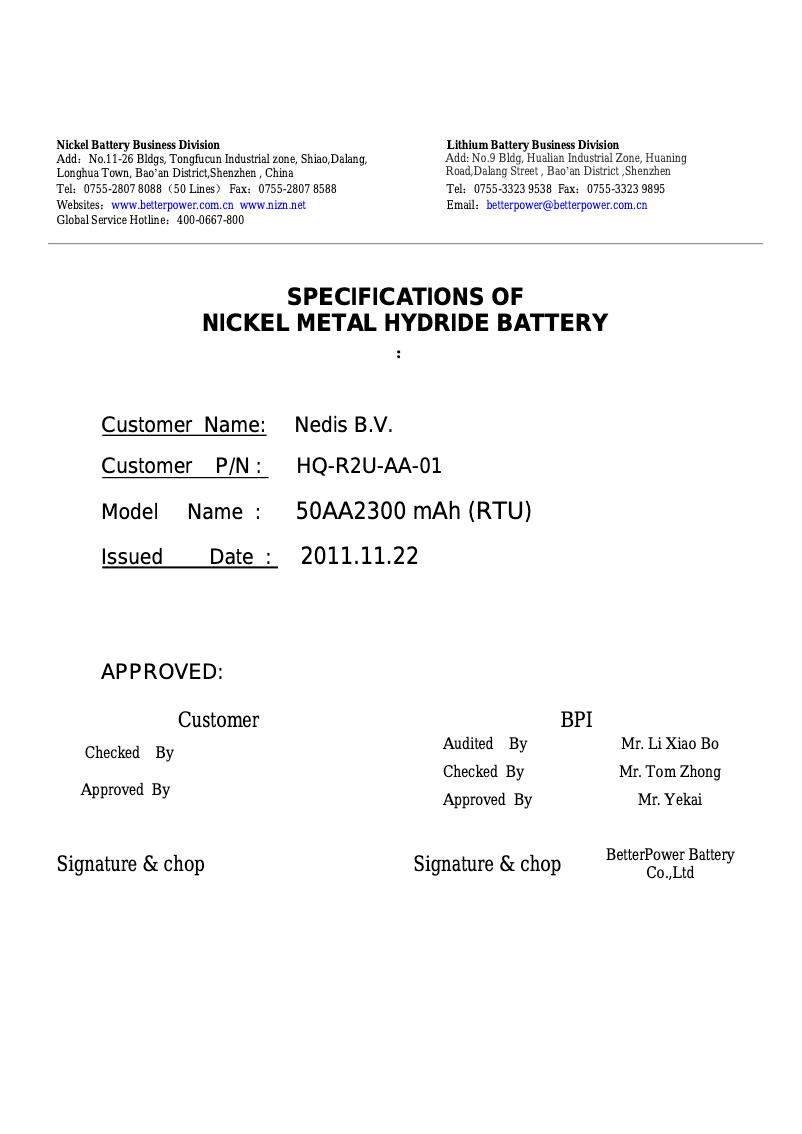 Page n°1 - Manuel utilisateur HQ NiMH 2300mAh