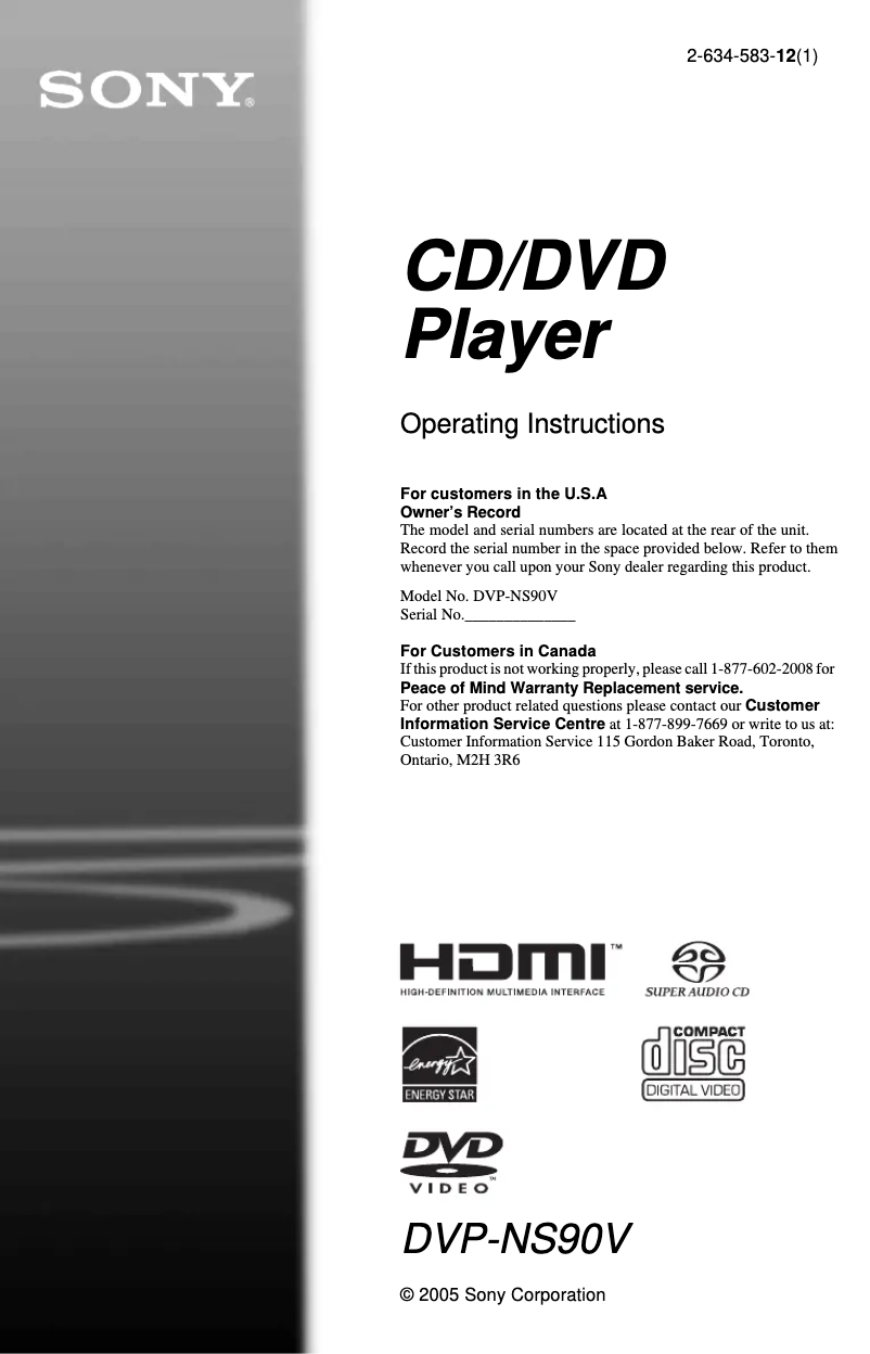 Image de la première page du manuel de l'appareil DVP-NS90V