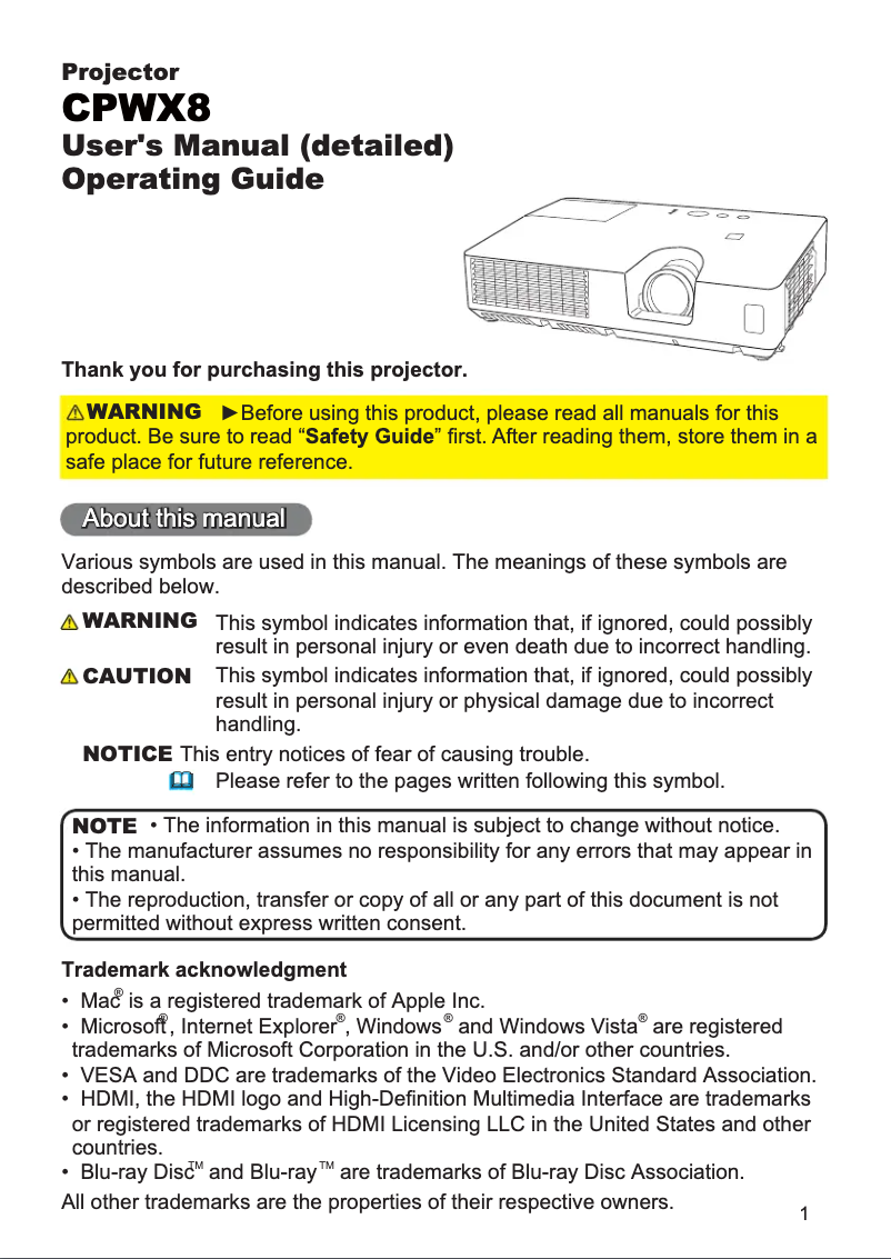 Image de la première page du manuel de l'appareil CP-WX8