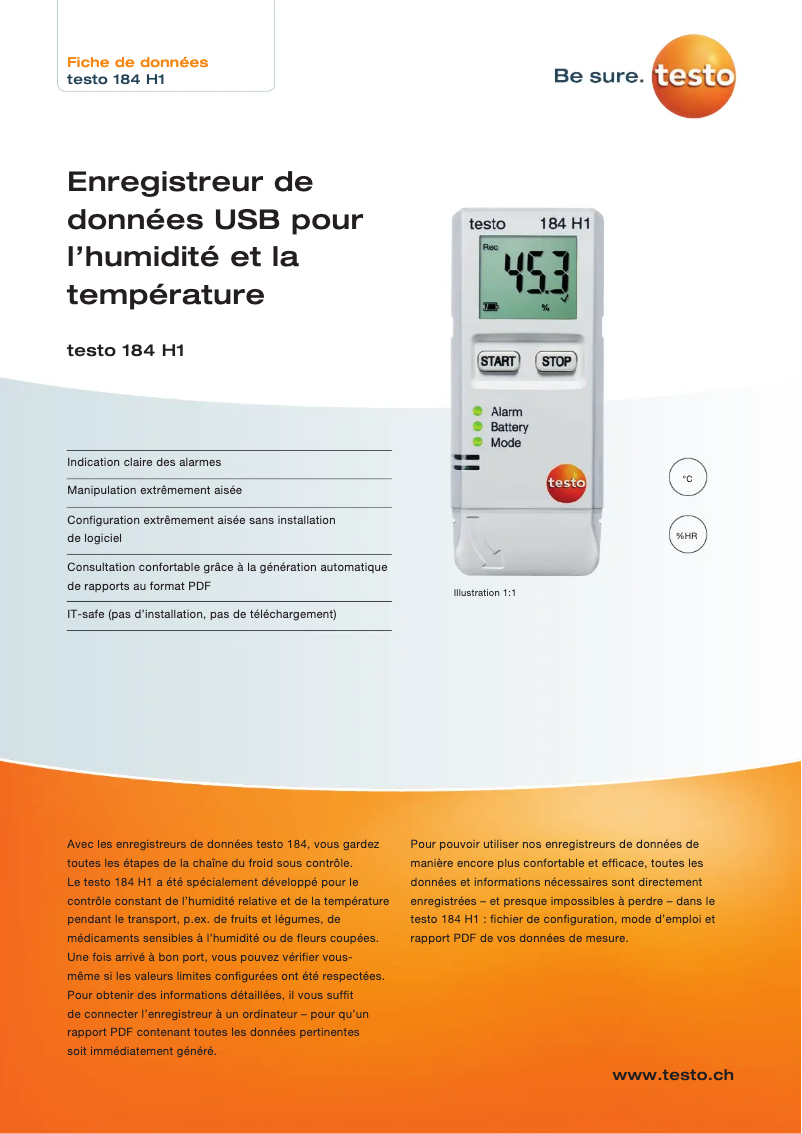Page 1 de la notice Fiche technique Testo 184 H1