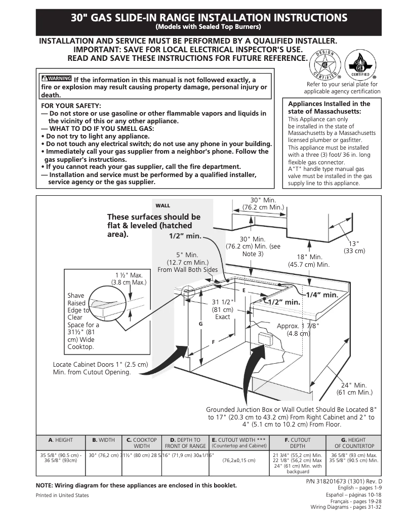 Page 1 de la notice Guide d'installation Frigidaire FGS367EC