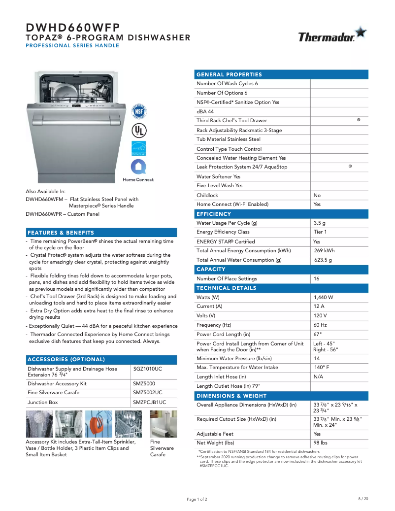 Page 1 de la notice Fiche technique Thermador DWHD660WFP