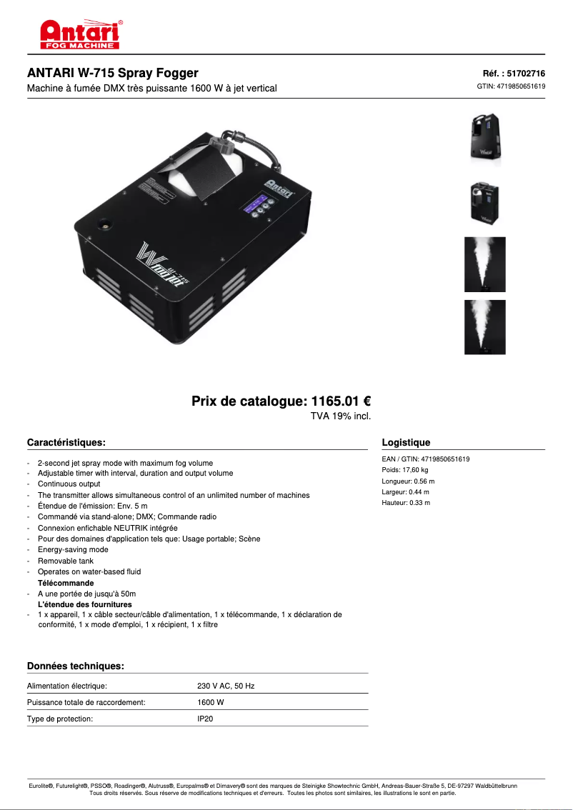 Página 1 del manual Ficha técnica Antari W-715