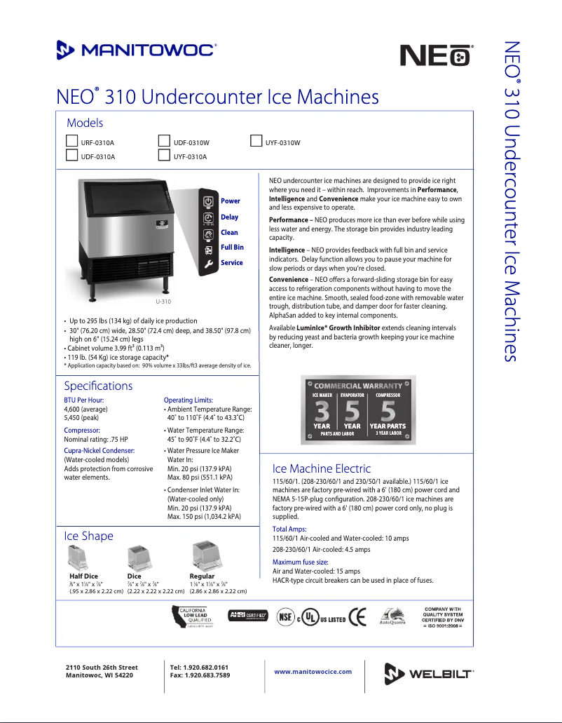 Page 1 de la notice Fiche technique Manitowoc UD-0310A