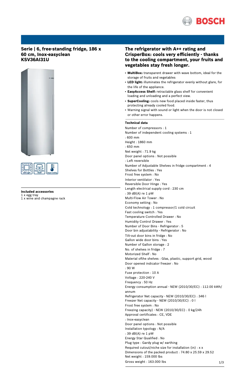 Page n°1 - Manuel utilisateur Bosch KSV36AI31U