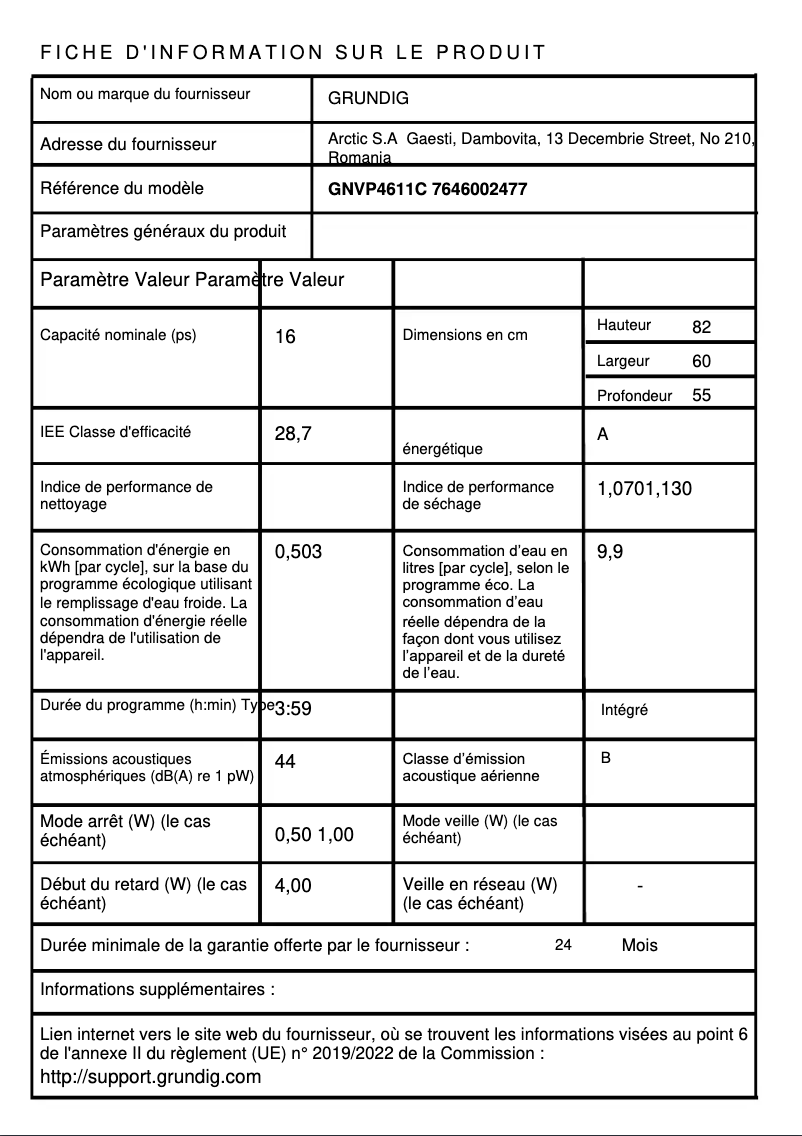 Page n°1 - Fiche technique Grundig GNVP4611C