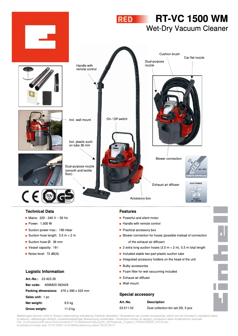 Page n°1 - Fiche technique Einhell RT-VC 1500