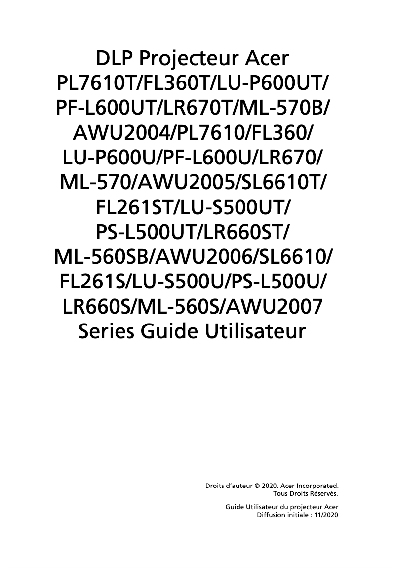 Page 1 de la notice Manuel utilisateur Acer PL7510