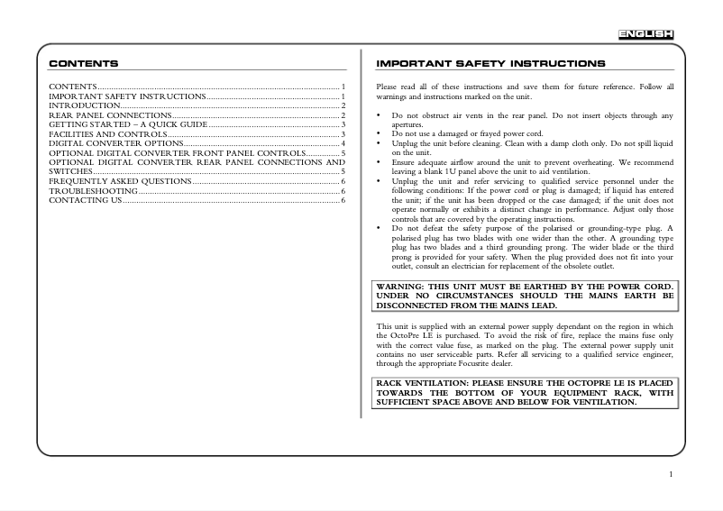Page 1 de la notice Manuel utilisateur Focusrite Platinum OctoPre LE Optional CODEC