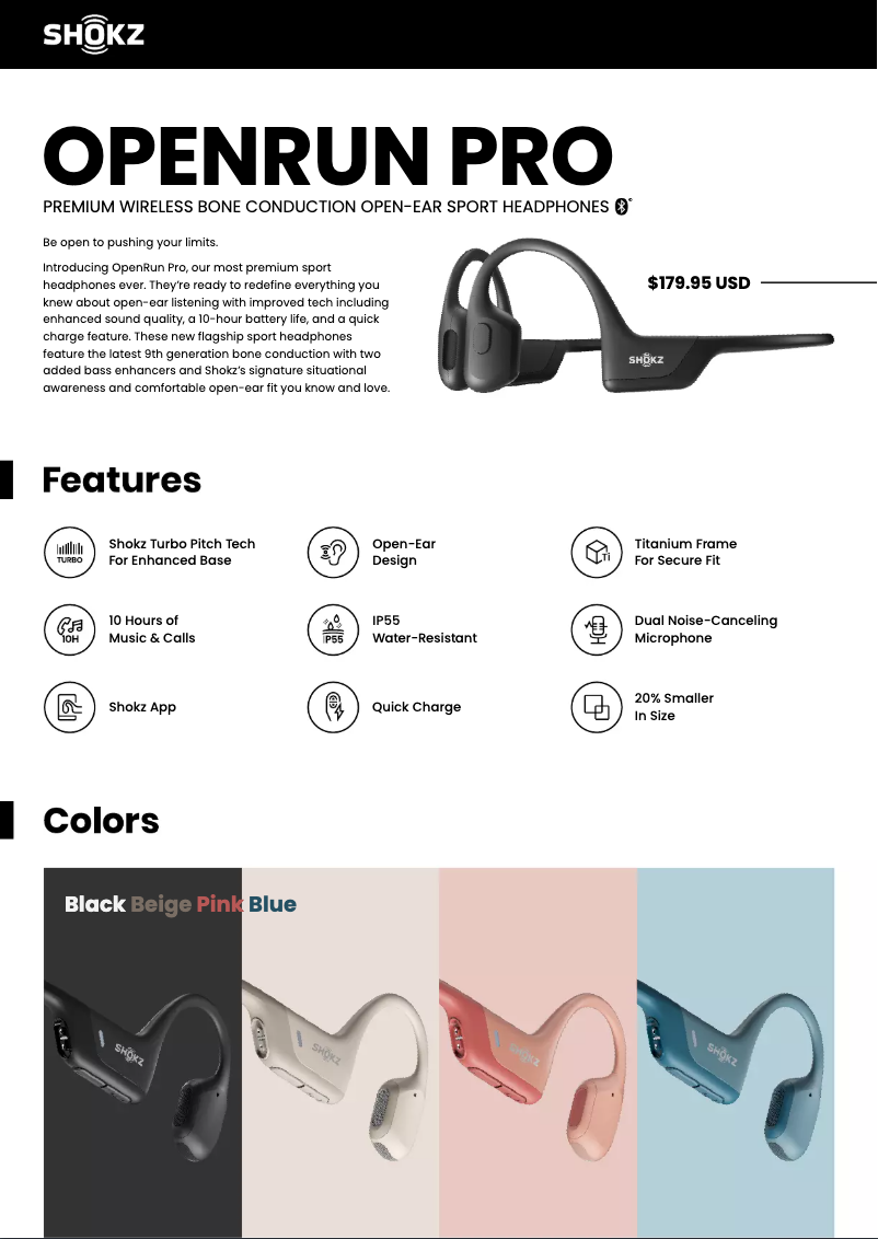 Page n°1 - Fiche technique Shokz OpenRun PRO