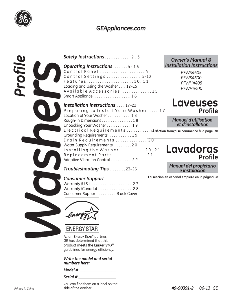Page n°1 - Guide d'installation GE PFWS4600LWW