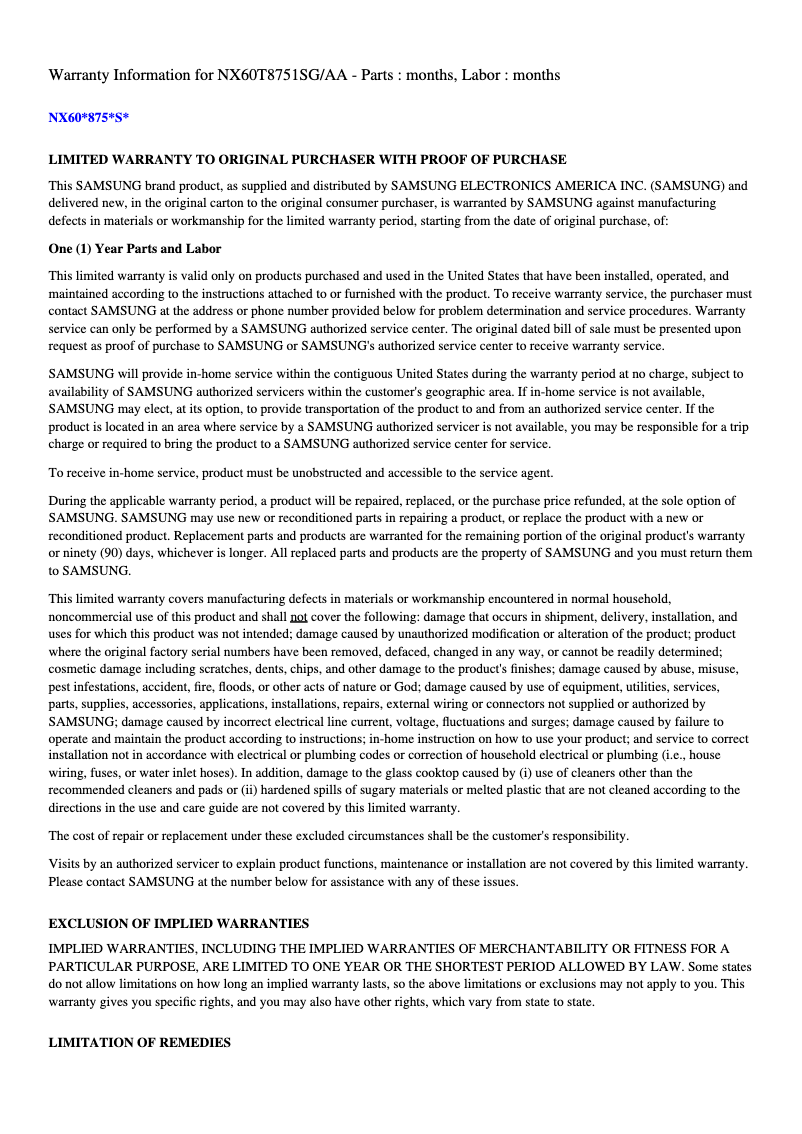 Page 1 de la notice Informations de garantie Samsung NX60T8751SS