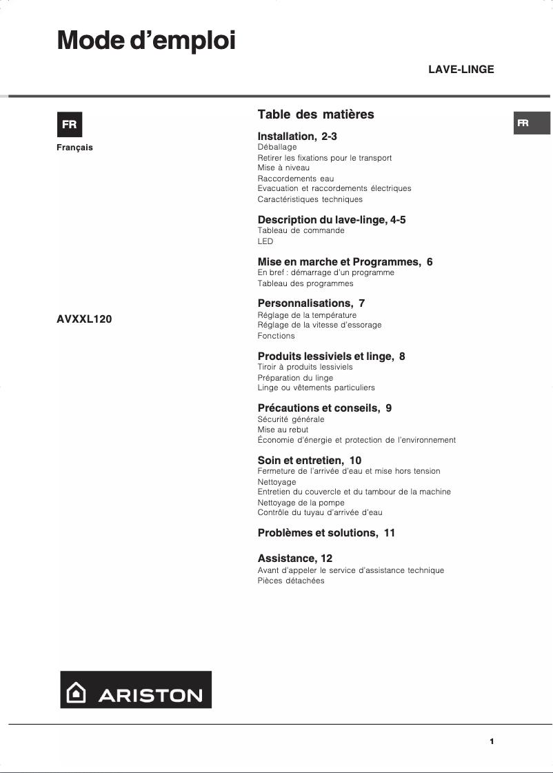 Página 1 del manual Manual de usuario Ariston Thermo AVXXL120