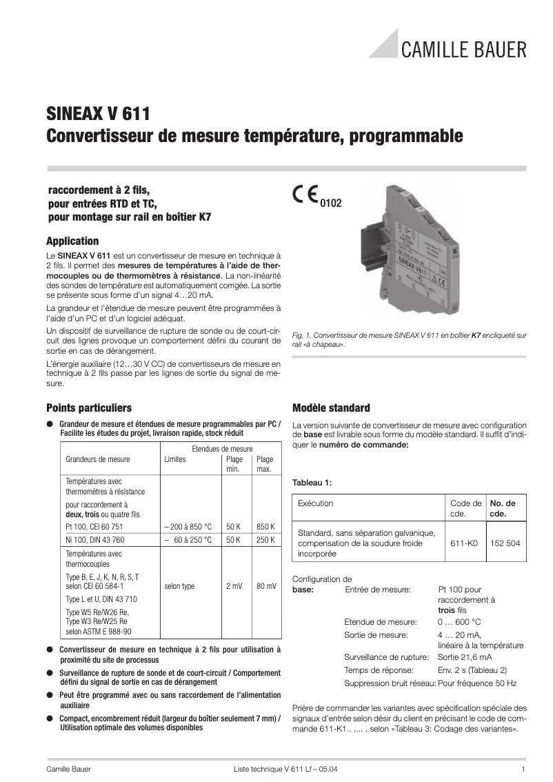 Page 1 de la notice Fiche technique Camille Bauer SINEAX V611