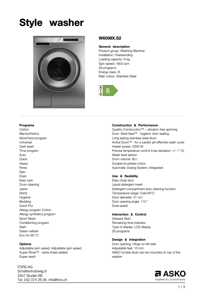 Page n°1 - Fiche technique Asko W6098XS2