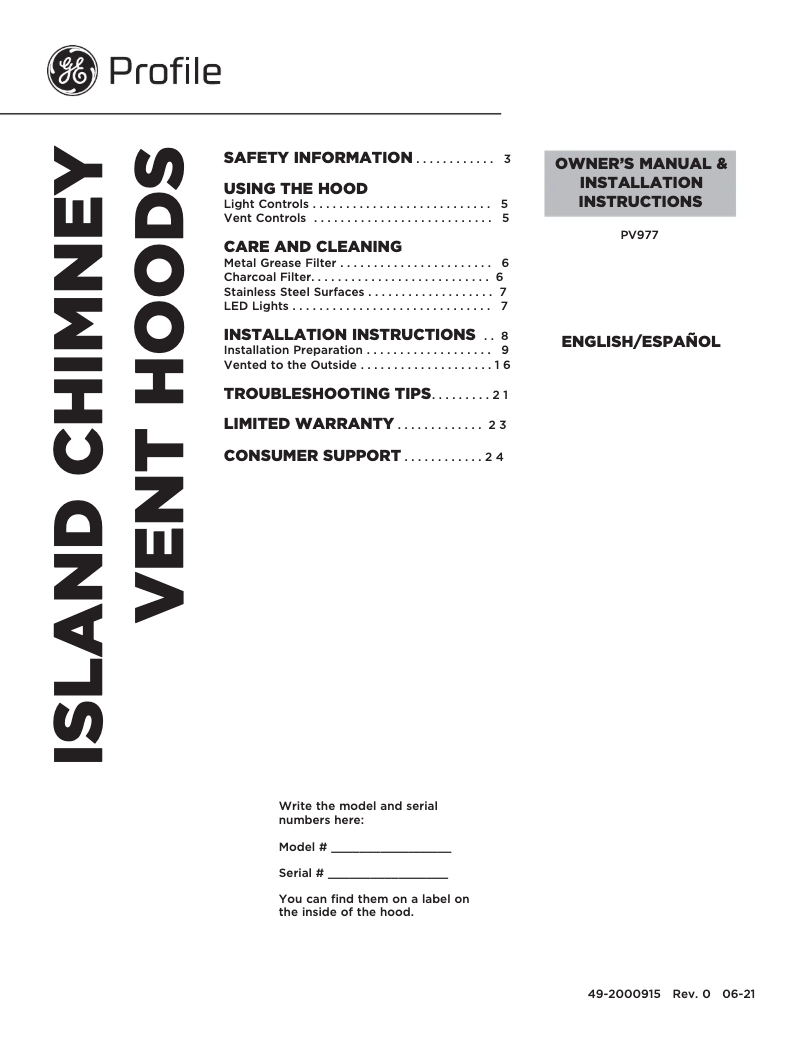 Imagen de la primera página del manual del dispositivo Profile PV977NSS