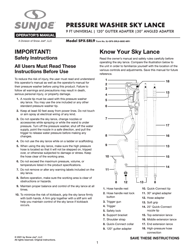 Page n°1 - Manuel utilisateur Sun Joe SPX-SRL9